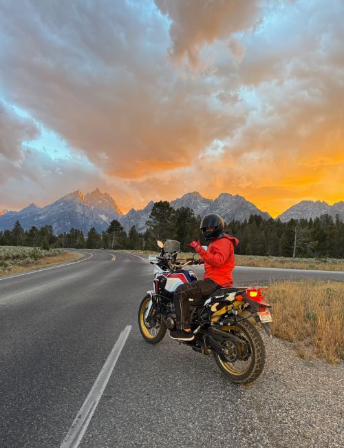 Adventure motorcycle in Grand Teton National Park at sunset