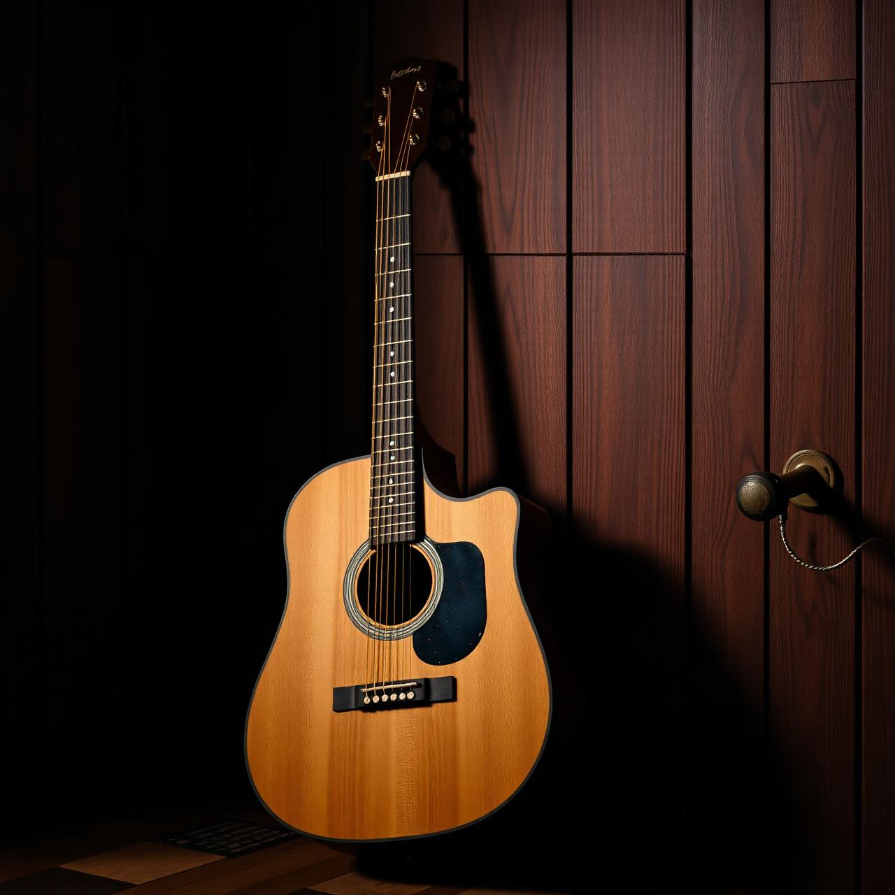 Acoustic guitar against dark tonewood paneling